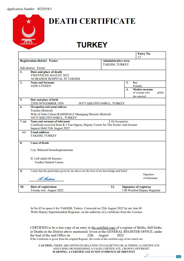 Download Turkey vital record death certificate Word and PDF template Photoshop template